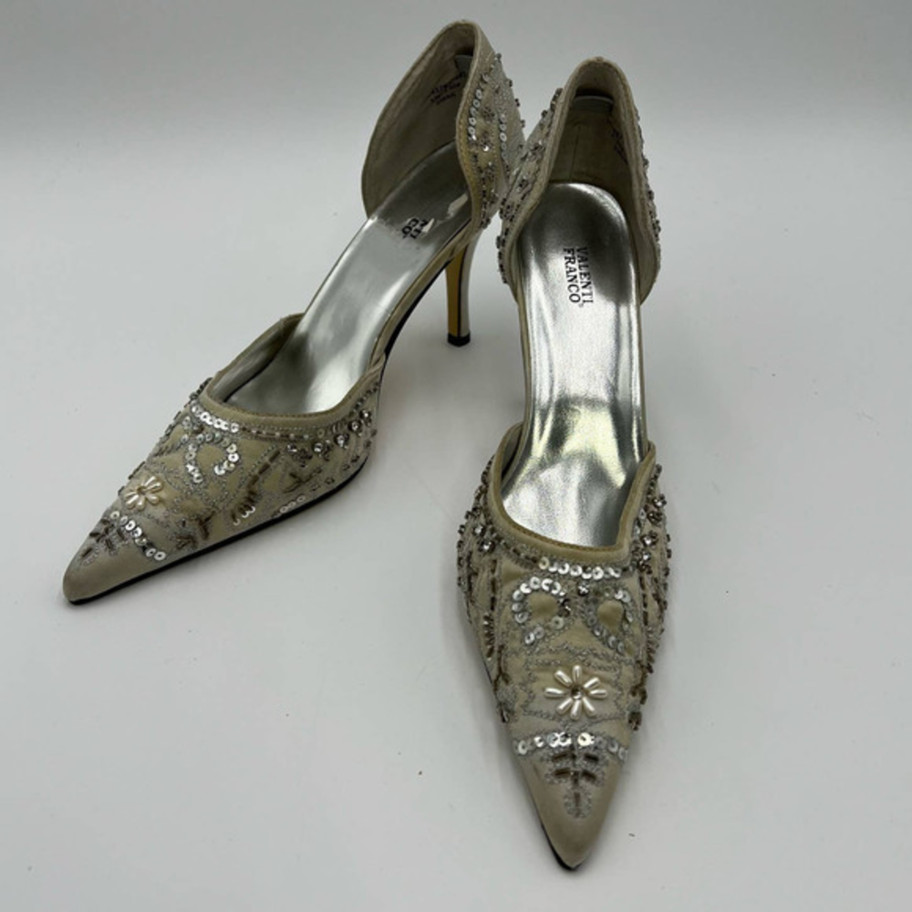 VALENTI FRANCO Heels 9‎ Silver Wedding Shoes Prom Fancy Sequins Beaded Formal